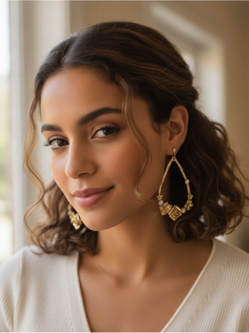 Vintage Gold tone Floral Teardrop Hoop Earrings with Crystal Accents